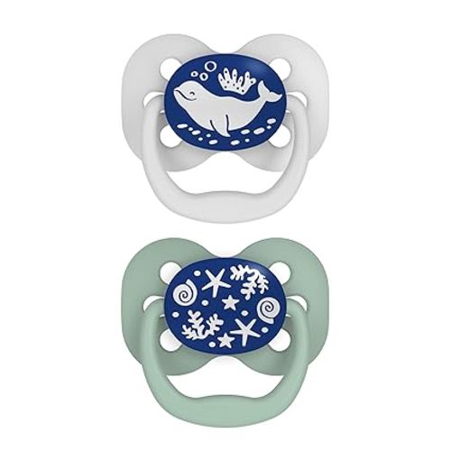 Dr. Brown's Advantage Glow-in-the-Dark Baby Pacifier, Fully Symmetrical Soother with Soft Silicone Bulb, Blue Ocean, 0-6m, BPA Free, 2 Pack