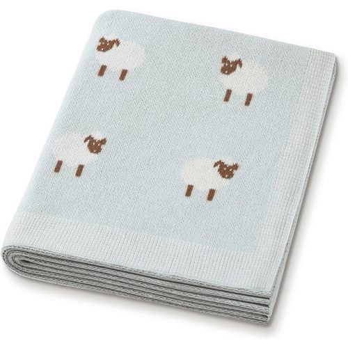 Organic Cotton Baby Blanket - Soft Luxury Knit Receiving Blanket for Newborns & Toddlers, Cozy Breathable Stroller Blanket with Pattern, Unisex, 30x40Inch(Sheep-Blue)