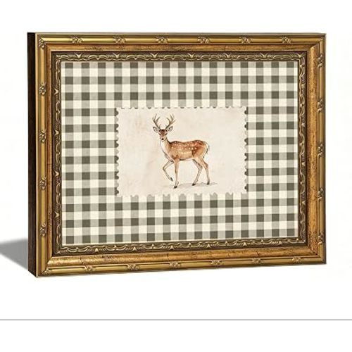 Vintage Gold Framed Deer Canvas Wall Art Woodland Baby Deer Print Wall Decor Vintage Rustic Green Gingham Farmhouse Animal Painting Picture for Living Room Kitchen Bedroom Nursery Decor 9x11in
