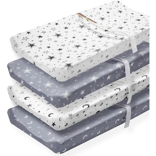 4 Pack Soft Star and Moon Neutral Unisex Fitted Baby Sheets Set for Baby Boys or Girls (Changing Pad Cover)