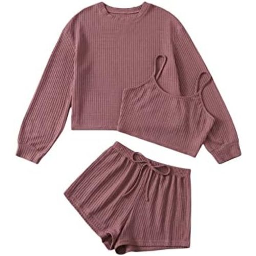COZYEASE Women's 3 Piece Lounge Sets Ribbed Knit Cami Top Long Sleeve Tee Shirts and Shorts Pajama Sets