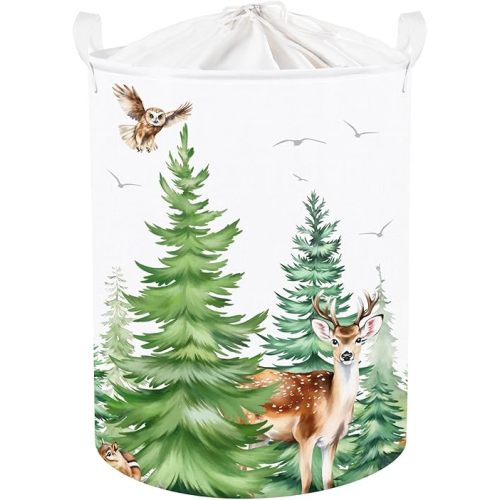 Clastyle 45L Large Green Pine Tree Deer Owl Kid Laundry Hamper with Handle Collapsible Forest Hedgehog Raccoon Clothes Toy Storage Basket with Lid for Nursery