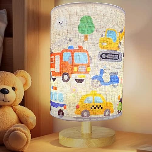 Kids Lamps for Bedrooms Boys, Car Lamp,3 Level Dimmable Wood Nightstand Desk Base Flaxen Fabric Shade for Bedroom Living Room,Car Gifts for Boys (car)