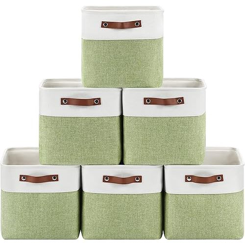 6-Pack Foldable Fabric Storage Cubes 11x11 Inch, Sturdy Cube Organizer Bins with Leather Handles, Storage Baskets for Closet Shelves and Home Organization(White/Green)