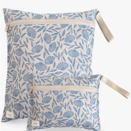 mushie Water Resistant Wet Bags | Large & Small Reusable Storage Bag for Baby Items and Travel | Zippered Pockets with Handle | Machine Washable, Set of 2 (Blue Flowers)