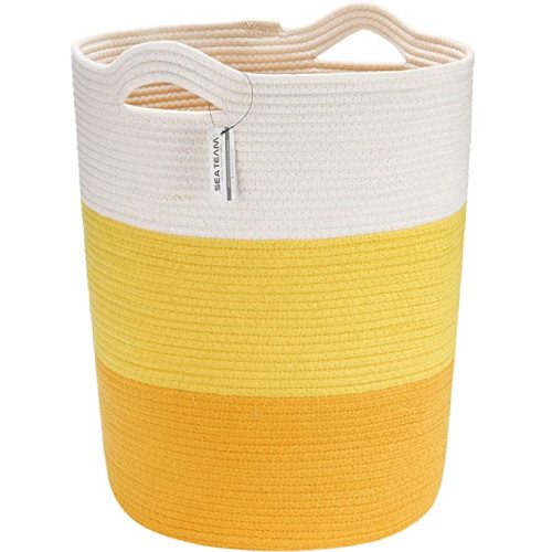 Sea Team Large Size Cotton Rope Woven Storage Basket with Handles, Laundry Hamper, Fabric Bucket, Drum, Clothes Toys Organizer for Kid's Room, 20 x 14 inches, Round Open Design, White & Mottled Yellow