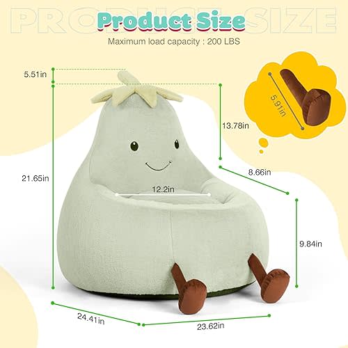 DUMOS Kids Bean Bag Chair, Stuffed Toddler Couch with Faux Rabbit Fur Cover for Teens & Kids, Comfy Lazy Sofa Chair for Reader, Living Room, Bedroom, Aged 4-12 Years, 24 Inch, Green