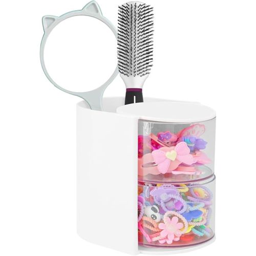 Hair Accessories Organizer with Hair Brush Holder, Rotatable Makeup Brush and Jewelry Storage Box for Hair Clips, Earrings, Necklaces, Bracelets, Rings, and Daily Accessories (White, 2-Layer)