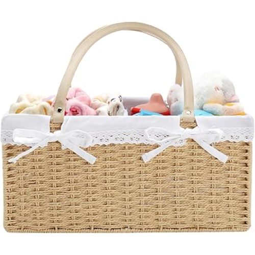 Large Baby Diaper Caddy Basket - Wicker Paper Rope Storage Baskets Portable Woven Car Organizer for Diapers With Cotton Divider Brown
