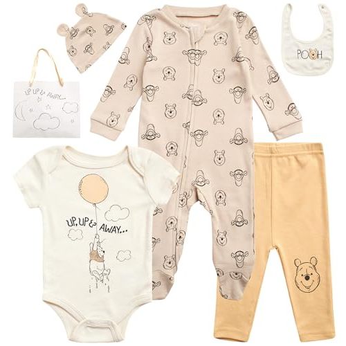 Disney Newborn Baby Girl Boy Clothes - 7 Piece Mickey Mouse Winnie the Pooh Bib Onesie Overall Beanie Pants Gift Bag Gift Set