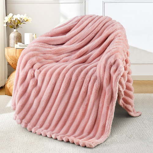 Exclusivo Mezcla Fleece Throw Blanket for Couch, Super Soft 3D Striped Jacquard Blanket, Lightweight Fuzzy Cozy Blankets, Pink, 50"x60"