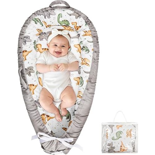 Hooyax Baby Lounger for Newborn 0-24 Months, Portable Infant Lounger with Adjustable Ties, Soft Breathable Cotton Baby Nest Lounger, Removable Washable Cover for Tummy Time & Play(Dinosaur)