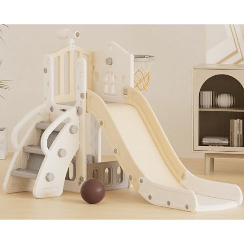 XJD 5 in 1 Toddler Slide, Kids Slide for Toddlers Age 1-3, Outdoor Indoor Playset for Toddlers with Basketball Hoop and Ball, Storage Space Birthday Gifts for Toddler (Beige)