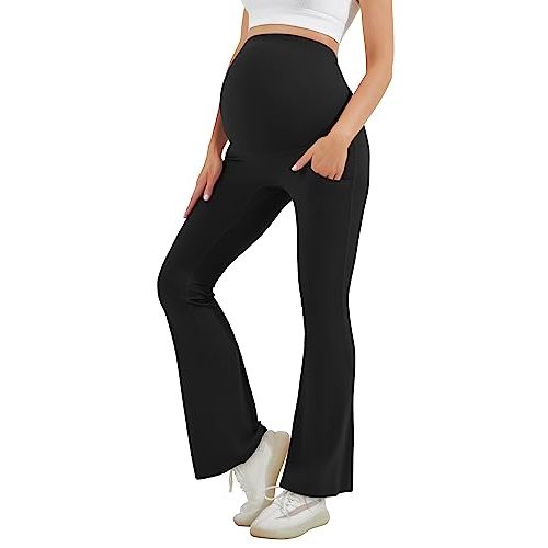 HEGALY Women's Maternity Flare Leggings Over The Belly - Casual Pregnancy Yoga Pants with Pockets Buttery Soft