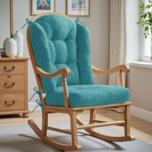 Wingback Rocking Chair cushion - Large Tufted Adirondack Chair Cushions, High-Density Sponge, Comfort Chenille Indoor Rocker Pads with Ties, 2 Pcs Sets- Seat Cushion &Back Cushion, Teal | Large Size