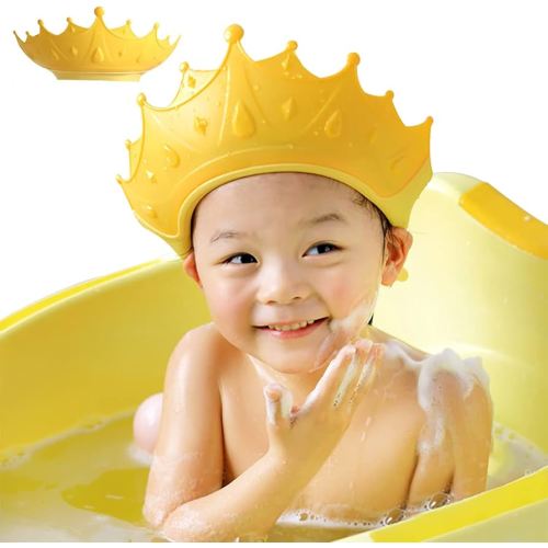 Baby Shower Cap Shield, Shower Cap for Kids, Visor Hat for Eye and Ear Protection for 0-9 Years Old Children, Cute Crown Shape Makes the Baby Bath More Fun(Yellow)