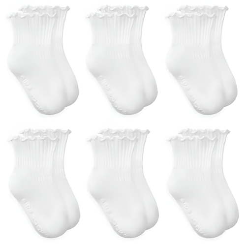 TELOLY Baby Girl Socks Toddler Ruffle Socks Infant Newborn Cotton Non Slip Socks with Grips Frilly Dress Socks for Girls White*6 0-12 Months
