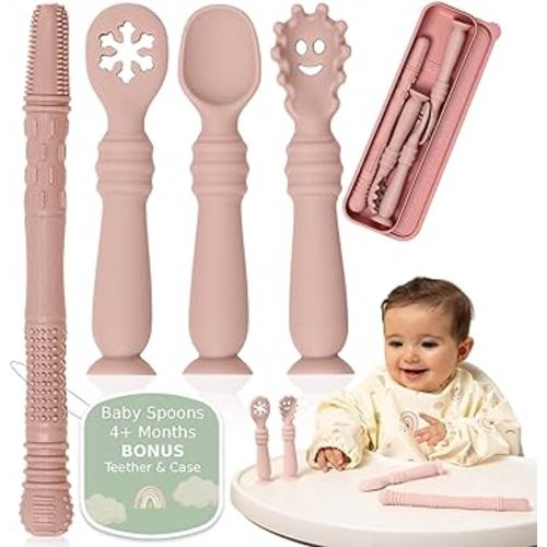 Bornealand® Baby Self Feeding Spoon Set with case – Infant Spoons First Stage with Suction Base – Baby Spoons 4 Months – Infant Feeding Essentials (Pink)