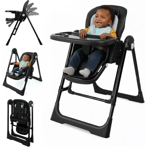 High Chairs for Babies and Toddlers Foldable High Chair Adjustable with Reclining Seat & Leg Rest, 3-in-1 Convertible Baby Swings with Tool-Free Assembly (Black)
