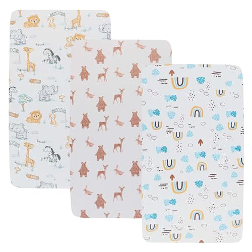 Onacosht Stretchy Bassinet Sheets 33" x 19" Compatible with Mika Micky, KoolaBaby (3 in 1), BabyBond, HARPPA and RICUTON Bedside Bassinet, 3 Pack for Baby Boy and Girl, Unisex Cute Animal Printing