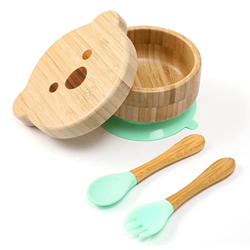 Baby Bowls with Lid,HBM Bamboo Suction Bowls for Baby and Spoon Set,3PC Feeding Supplies Set for Infant, Toddlers,Detachable Silicone Suction Stay Put Base for Wooden Bowl （Mint）