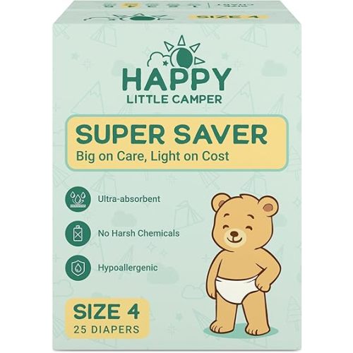 Happy Little Camper Super Saver Diapers, Size 4, 25 Count | Budget-Friendly Disposable Baby Diapers for Sensitive Skin | Hypoallergenic, Fragrance-Free, Ultra Absorbent