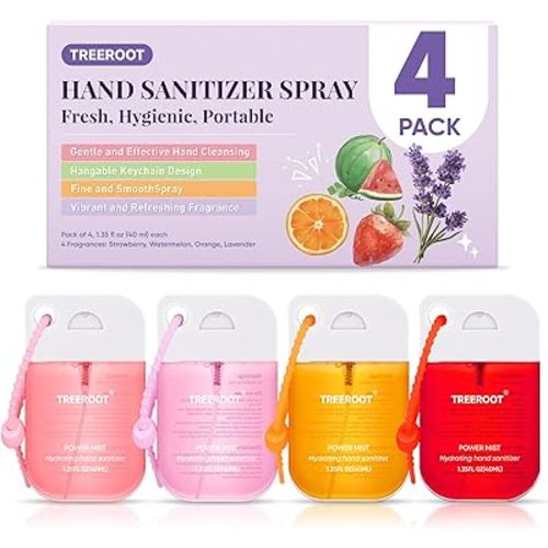 Treeroot 4-Pack Hydrating Hand Sanitizer Spray, Alcohol-Free Travel Size Pocket Sanitizer with Keychain Hook, Silver Ion Moisturizing Rinse-Free Hand Washcloths Sprayer, Women Travel Essentials