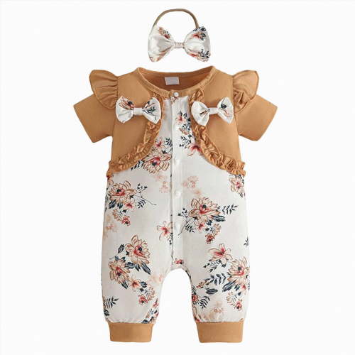 CAICJ98 Newborn Baby Girl Clothes Summer Short Sleeve Romper Floral Bow Short Jumpsuit Infant Cute Spring Outfits (Coffee,0-3 Months)
