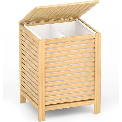 Homykic Bamboo Laundry Hamper with Lid, 120L Large Clothes Laundry Sorter with Removable 2-Section Liner Bag, Raised Laundry Basket Organizer for Clothing, Bathroom, Bedroom, Laundry Room, Natural