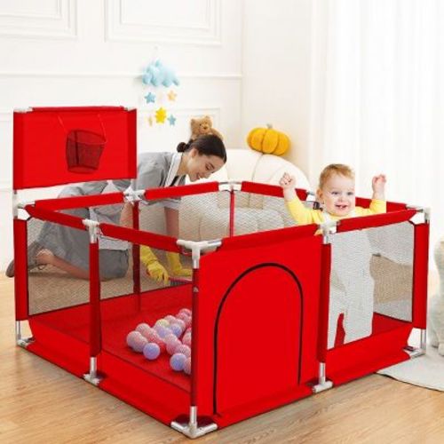 GOTGELIF 50"x50" 4-Panel Baby Playpen Portable Playard with Basketball Hoop Red