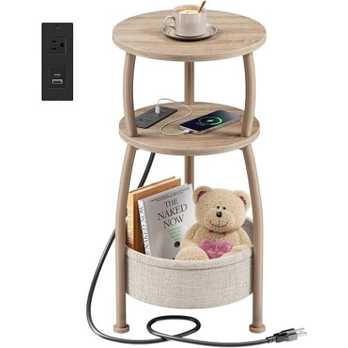 Side Table with Charging Station, Small Round End Table with Basket