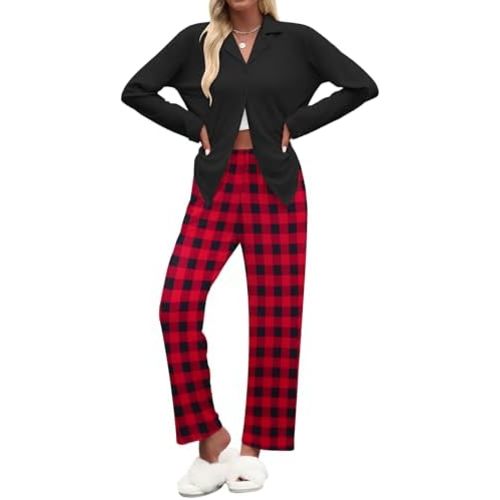 Ekouaer Women's Pajamas Sets Button Down Long Sleeve Lounge Sets Soft 2 Piece Pants Sleepwear