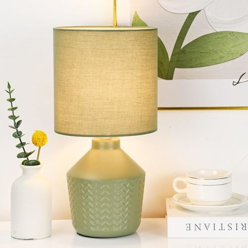 Lampwell Vane Green Small Table Lamp for Living Room as Bedside Table Lamp for Bedroom,Modern Ceramic Kids Night Table Lamp,Φ6.89×H13.58IN,Bulb Excluded