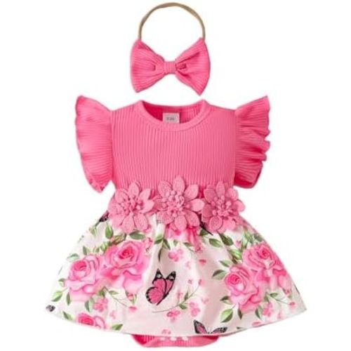 Newborn Baby Girl Clothes Floral Romper Dress Infant Ruffle Sleeveless Summer Outfits with Headband Set