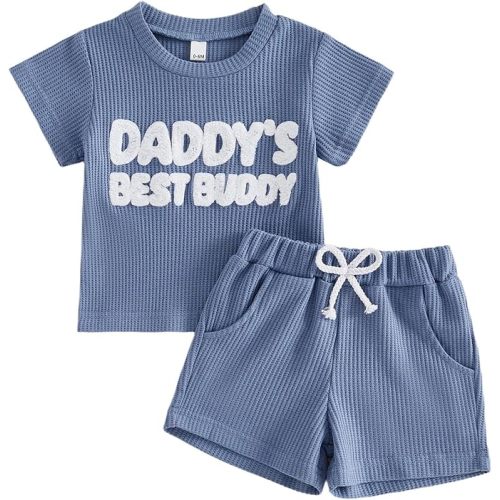 Kupretty Toddler Baby Boy Summer Clothes Embroiderey Waffle Knit Short Sleeve T-Shirt Tees + Casual Shorts Cute Clothing Set