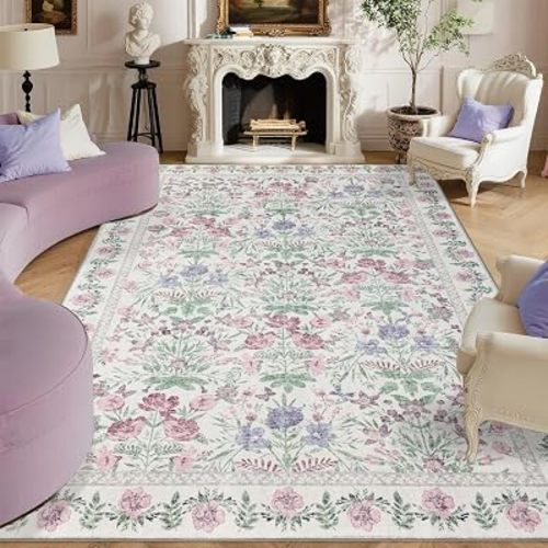 Vintage Floral Rug for Young Women: Soft 5x7 Washable Carpet Living Room