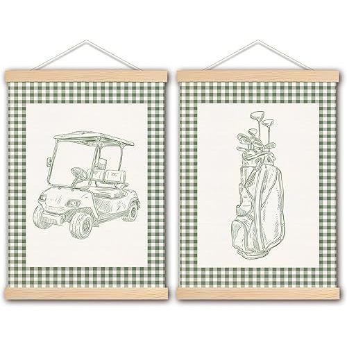 DNEULYR Sage Green Checkered Golf Wall Art Poster, Golf Nursery Wall Decor, Retro Golfing Golfer Poster Hanger Frame for Kids Boys Room Bedroom Nursery Playroom, 12x16 Inches Set of 2