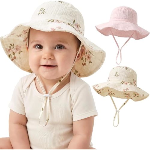 2-Pack Baby Sun Hat Muslin Cotton UPF 50+ Sun Protection Toddler Bucket Hat with Wide Brim for Girls Boys Summer Beach Hats