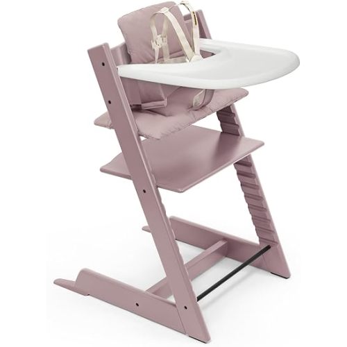 Stokke Tripp Trapp High Chair 2 (Heather Mauve), Cushion 2 (Heather Mauve) + Stokke Tray (White) - Includes Chair + Baby Set with Removable Harness for Children 6-36 Months
