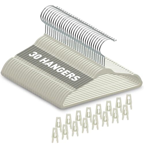 Babyrish Velvet Baby Hangers with Clips (30 Pack) | 11” Ultra-Slim Baby Clothes Hangers | Non-Slip Felt | Space-Saving Nursery & Infant Closet Organizer | Beige