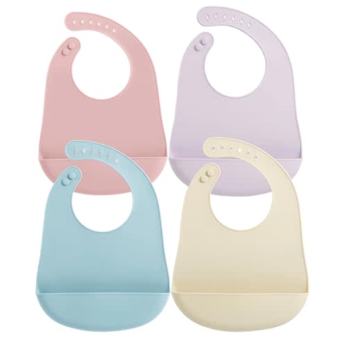 PandaEar Silicone Baby Bibs, 4 Pack Waterproof Feeding Bibs with Pocket | Silicone Baby Bibs with Pocket Stay Open to Catch Spills. Perfect Waterproof Baby Bibs for Less Mess.