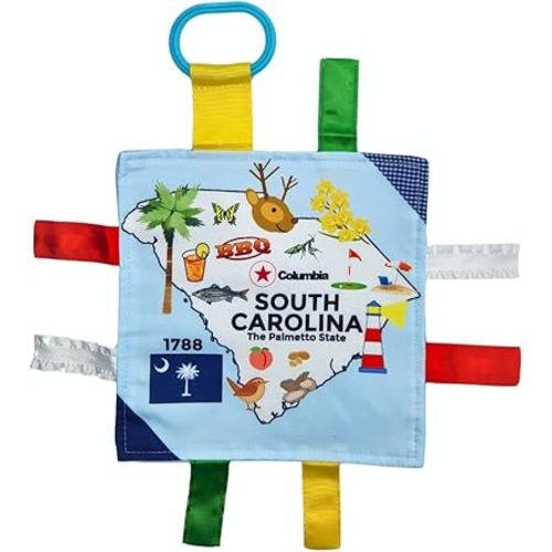 Baby Jack & Co 8x8” Learning Lovey South Carolina State Tag Stroller Toy for Babies - Crinkle Toys for Developing Five Senses - Learn About Capitals - Travel with Baby Jack - BPA Free Clip