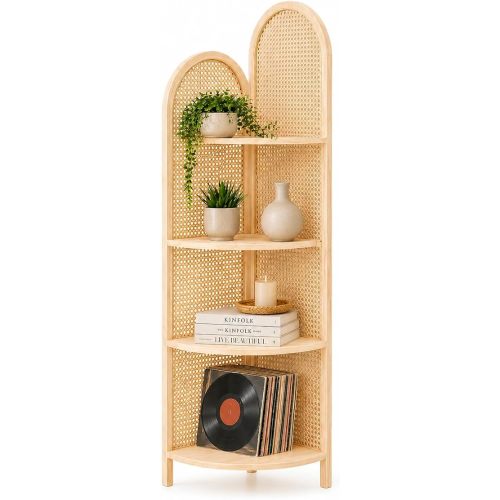 70" Tall Corner Bookshelf, 4-Tier Rattan Corner Shelf Stand for Small Spaces - Solid Wood Frame Display Organizer Rack, 90° Flush Wall Fit, Natural