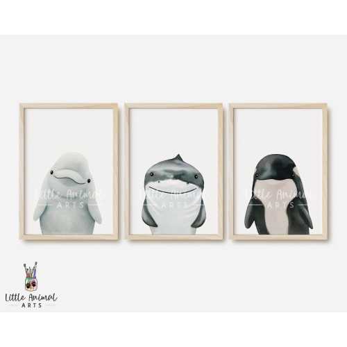 Orca Beluga Whale Shark Art Print Set • Baby Ocean Animals Nursery Decor • Sea Life Dolphin Kids Bedroom Gift for Boys Girls