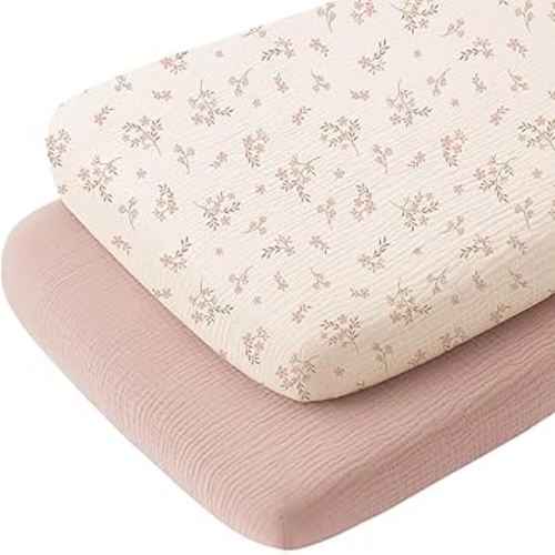 Konssy 2 Pack Muslin Bassinet Sheets for Baby Boy, 100% Cotton Soft Breathable Bassinet Mattress Sheets Fit for Hourglass Oval Cradle Rectangle Mattress (Soft Blooms,Taupe)