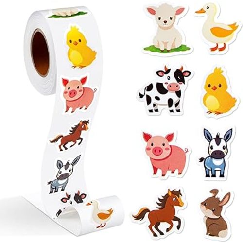 Qeeenar 1 Roll Farm Animal Stickers Decal Reward Cute Office Supplies Incentives Animals Sticker Farm Party Favor, 500 Pcs Each Roll