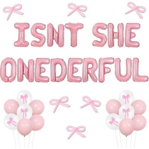 Bow Isn't She Onederful Balloon Banner Birthday Decorations Pink Bow Isn't She Lovely Isn't She Onederful First Bday Balloons for Bowknot Theme 1st Bday Baby Shower