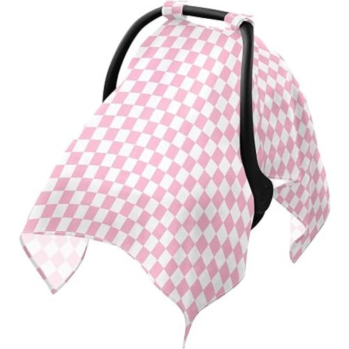 Pink Checkered Print Baby Car Seat Cover Infant Carseat Covers Cotton Breathable Carseat Canopy Lightweight Stroller Sun Shade for Newborns Girl Boy