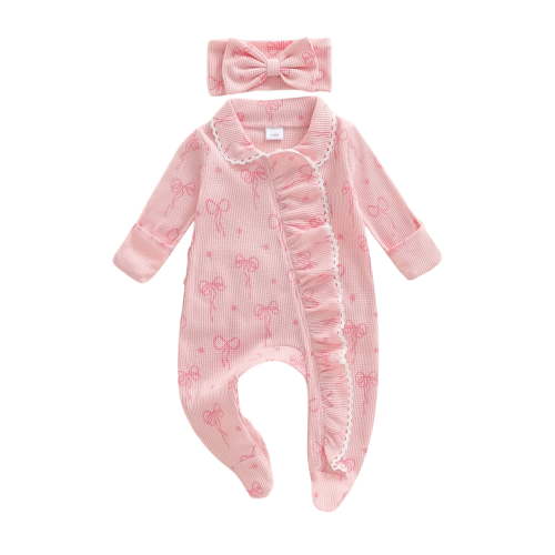 BemeyourBBs Preemie Baby Girl Spring Summer Fall Winter Clothes Baby Girl Newborn Hospital Going Home Outfit Ruffled Footed Romper Collar Long Sleeve Bow Zipper Footie Jumpsuit with Headband