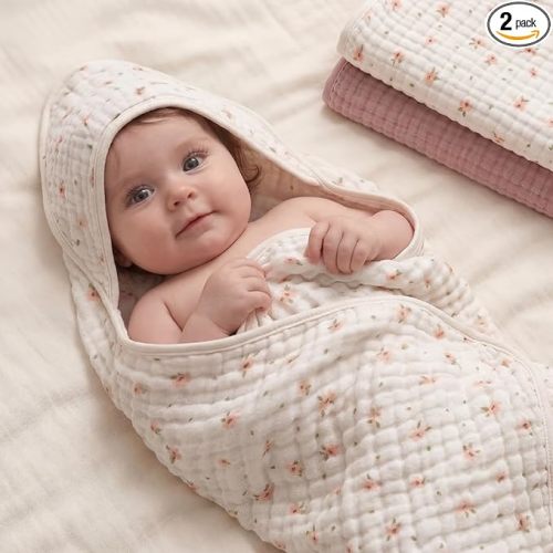 Blissful Diary Muslin Baby Hooded Towel 2 Pack, Soft & Absorbent Bath Towel for Baby Girls, Infant Gift, Newborn Essentials, Pink Floral & Light Pink